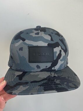 Coach Men’s Gray Camo Baseball Hat with Black Leather Patch, BNWT